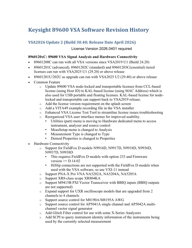 89600 VSA Software Revision History (pdf version) | Keysight
